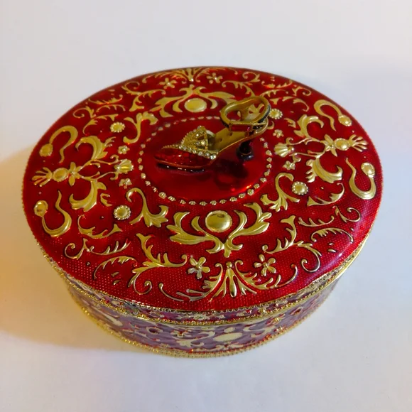 Vintage Red Gold Oval Jewelry Trinket Box With Shoe On Top Rococo Style …